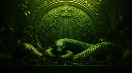 A large green serpent rests gracefully around an intricate stone relief amid lush foliage, illuminated by soft twilight in a tranquil forest