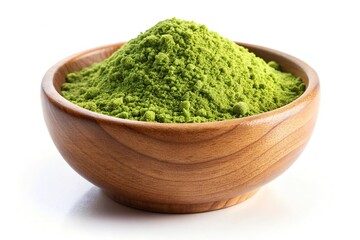 Low angle view of Moringa powder in wooden bowl with leaves isolated on white background
