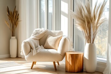 A quiet reading nook bathed in natural sunlight from large windows. The soft, neutral-toned