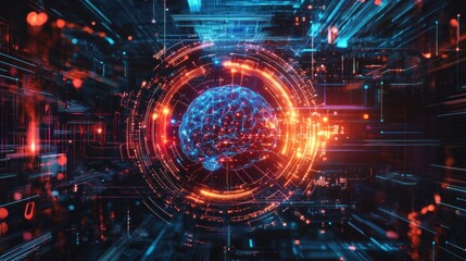 A digital rendering of a brain in a technological space cyberpunk tech