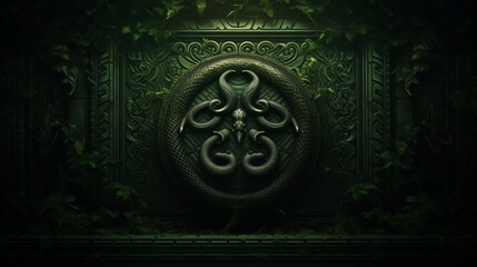 The backdrop showcases a rich deep forest green ambiance adorned with a detailed serpent motif, surrounded by vibrant vegetation and intricate carvings