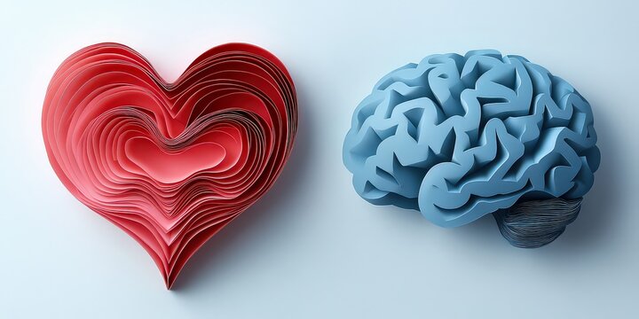  vibrant paper cutout heart with layered reds and pinks placed next to a minimalist paper brain in soft blues and grays, symbolizing the connection between emotion and intellect.