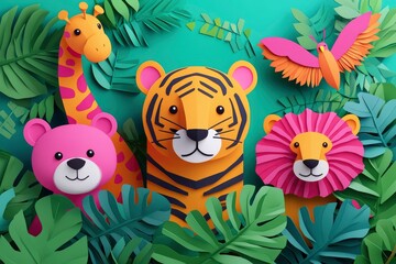 Naklejka premium Papercraft Animal Faces Surrounded by Lush Green Leaves
