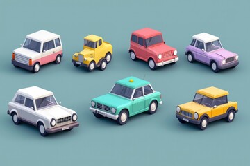 Naklejka premium Seven Low-Poly Rendered Vintage Cars in Various Colors