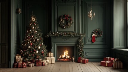 Christmas wallpaper with vintage interior room. Green wall, retro style decorated Christmas tree, wood-burning fireplace, presents, gift boxes. Holiday eve scene in dark tones. Background, banner