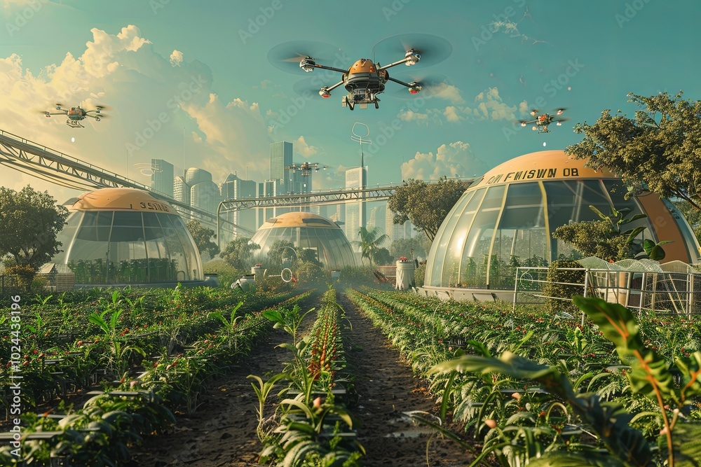 Poster drones and robots actively monitor crops on a high-tech farm, showcasing advanced agricultural techn