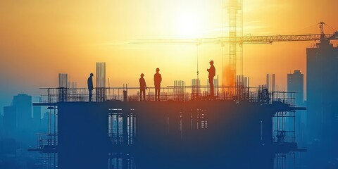 Fototapeta premium busy construction site with workers in hard hats building a skyscraper, captured in raw stylized imagery, showcasing the energy and scale of modern urban development.