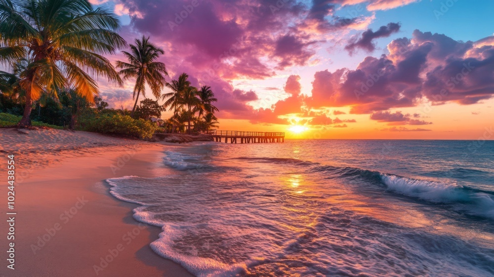 Poster a beautiful sunset over the ocean with palm trees in the background