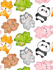Cute watercolor colorful animals seamless pattern background with green frog, orange fox, panda, brown teddy bear, grey kitten, pink bunny.