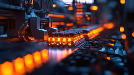 A close-up of an industrial assembly line with glowing elements and machinery in action.