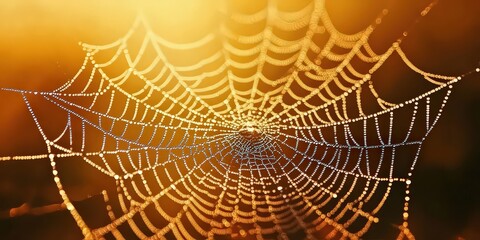  close-up of a spider web laden with raindrops glistening in the early morning light, captured in raw stylized imagery, showcasing nature's intricate beauty and fragility.