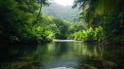 Fototapeta premium A tranquil river flows through a lush tropical jungle with vibrant