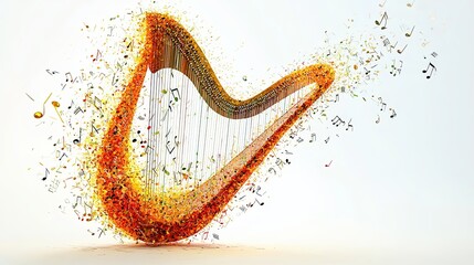 The artwork showcases a fantastical harp with a burst of imaginative musical symbols, creating a vivid and colorful representation of music and harmony.