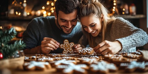  couple decorating gingerbread cookies in a cozy kitchen, captured in raw stylized detail, highlighting the warmth and joy of shared holiday traditions.