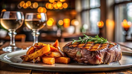 Low angle view of ribeye steak with sweet potato in elegant restaurant