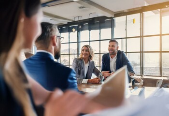 Obraz premium A group of business professionals are sitting around a table in an office setting. They are smiling and talking to each other.