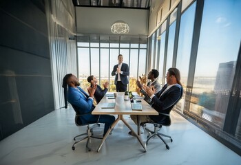 Fototapeta premium A business meeting in a modern office with large windows and natural light. The meeting is taking place around a wooden table with laptops and papers. A man in a suit is standing, while three other 
