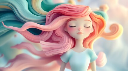 Fototapeta premium A cartoon girl with pink hair and closed eyes, surrounded by pastel-colored swirls.