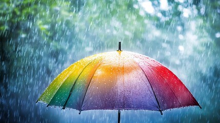 Fototapeta premium Abstract art captures the essence of spring and fall showers with a defocused image of a rainbow umbrella in the rain. The backdrop, blurred by raindrops, is illuminated by subtle light flares