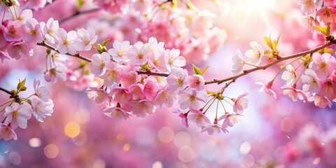 Obraz premium Low angle view of Sakura blossoms in full bloom with pink petals and bokeh