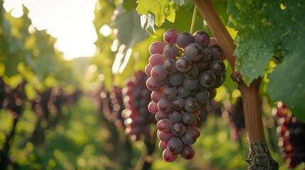 Close-up of ripe red grapes hanging on vine in a sunny vineyard