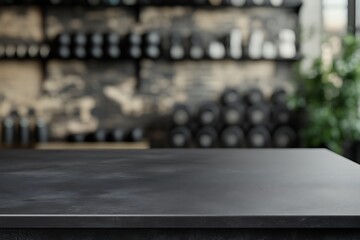 Obraz premium Black table top with gym background for product. Empty countertop mockup for sports nutrition or equipment. 