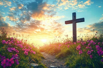 Wooden Cross Standing Tall in a Field of Purple Flowers at Sunset