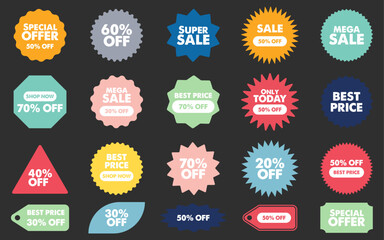 Obraz premium Colorful sunburst price stickers vintage label badge with discount text tag shopping promotion shapes announcement
