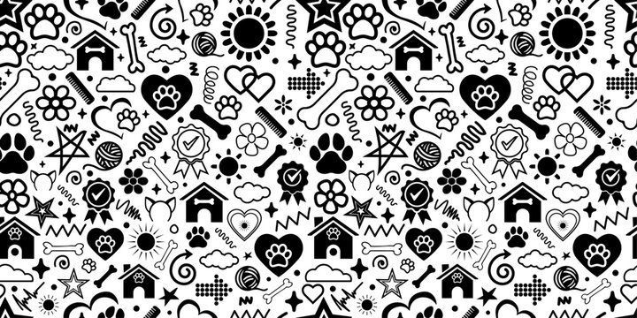 Enargetic doodles seamless pattern pet dog cat theme silhoutte vector texture fabric textile paper print packaging wrapping background wallpaper