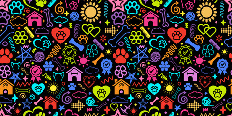 Enargetic neon colorful doodles seamless pattern pet dog cat theme vintage vector texture fabric textile paper print packaging wrapping background wallpaper © pixel.99
