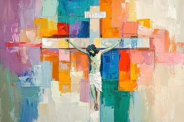 Abstract Painting of Jesus Christ on the Cross with Colorful Blocks