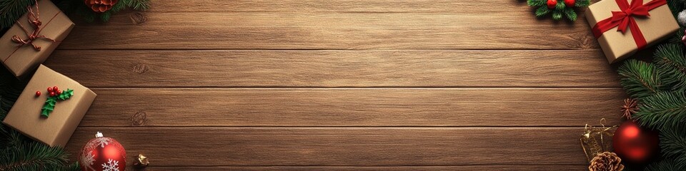 Fototapeta premium Christmas Wooden Table Top View with Gift Box and Ornaments