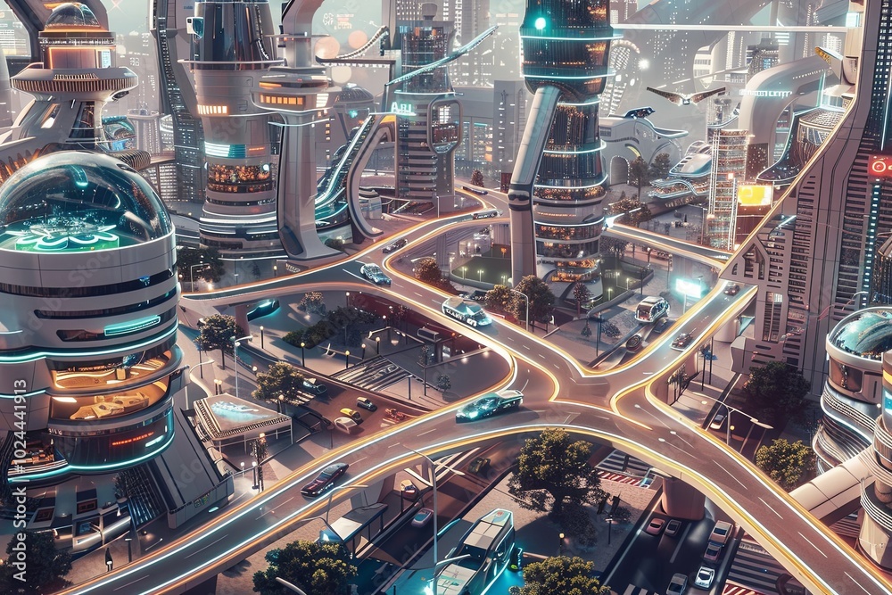 Fototapete In a bustling metropolis, self-driving cars navigate intelligently while drones monitor traffic in a tech-enhanced cityscape. Generative AI