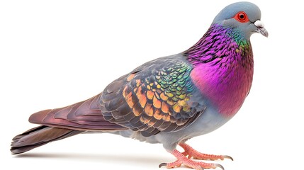 A colorful pigeon with iridescent feathers stands on a white background.