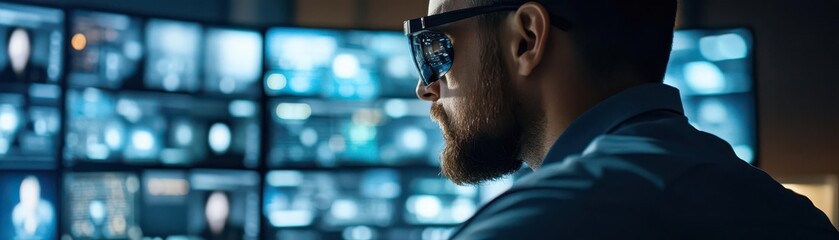 Prison guard monitoring security cameras in a control room close up, focus on, copy space dark shadows, glowing screens, double exposure silhouette with watchful eyes