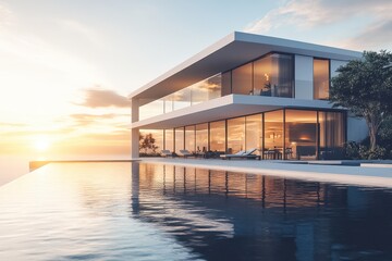 A sleek, modern villa with large glass walls, surrounded by an elegant outdoor area featuring