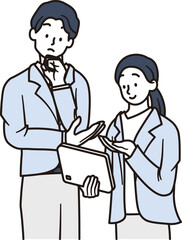 タブレットで打合せをする男性と女性の会社員の上半身のシンプルなイラスト素材