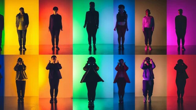 A group of dancers pose in front of a colorful background while performing a routine
