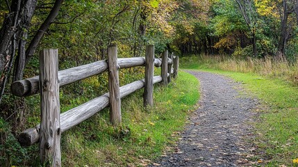 Fototapeta premium A rustic wooden fence beautifully weathered by time, showcasing the charm of countryside living. This fence stands tall amidst lush greenery, adding character to the landscape.