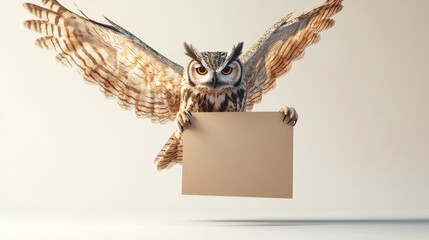 Majestic 3D Owl Holding Blank Sign in Soft Morning Light | Stunning Bird of Prey Flying on White Background