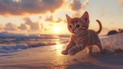 A playful kitten runs along the beach at sunset, capturing a moment of joy and freedom.