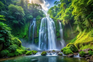Obraz premium Low angle view of waterfall in jungle landscape surrounded by green vegetation