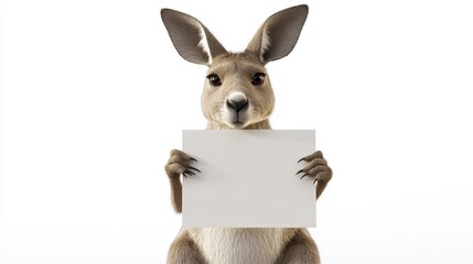 Cute 3D Kangaroo Holding Blank Sign in Bright Daylight on White Background