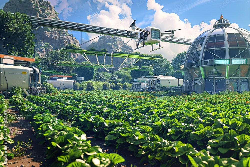Leinwandbilder Robots and drones equipped with sensors optimize agricultural practices while monitoring crop growth in a cutting-edge farm environment. Generative AI