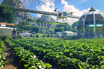 Robots and drones equipped with sensors optimize agricultural practices while monitoring crop growth in a cutting-edge farm environment. Generative AI