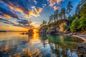 Naklejka premium Low angle view of Wildcat Cove in Washington State at sunset with vibrant colors in the sky and reflections on the water