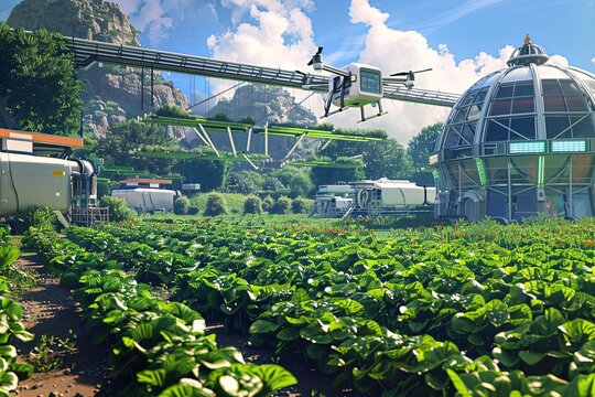 Robots and drones equipped with sensors optimize agricultural practices while monitoring crop growth in a cutting-edge farm environment. Generative AI