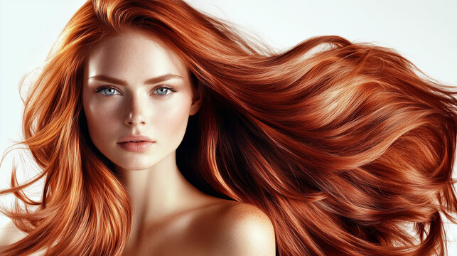 Modell con capelli lunghi e vibranti, con un'acconciatura sana e lucente. Ritratto di moda di una bellissima modella in un ambiente da studio. Pubblicit&agrave; parrucchiere.