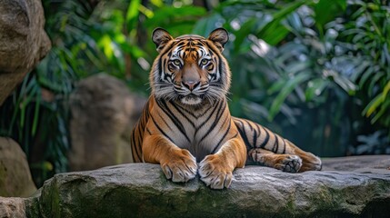 Obraz premium A majestic tiger with striking orange and black stripes sits on