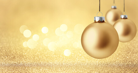 Golden hanging Christmas baubles on shiny glitter gold background with bokeh light. Festive winter holiday decoration and ornament. Modern design with copy space for card, banner, invitation